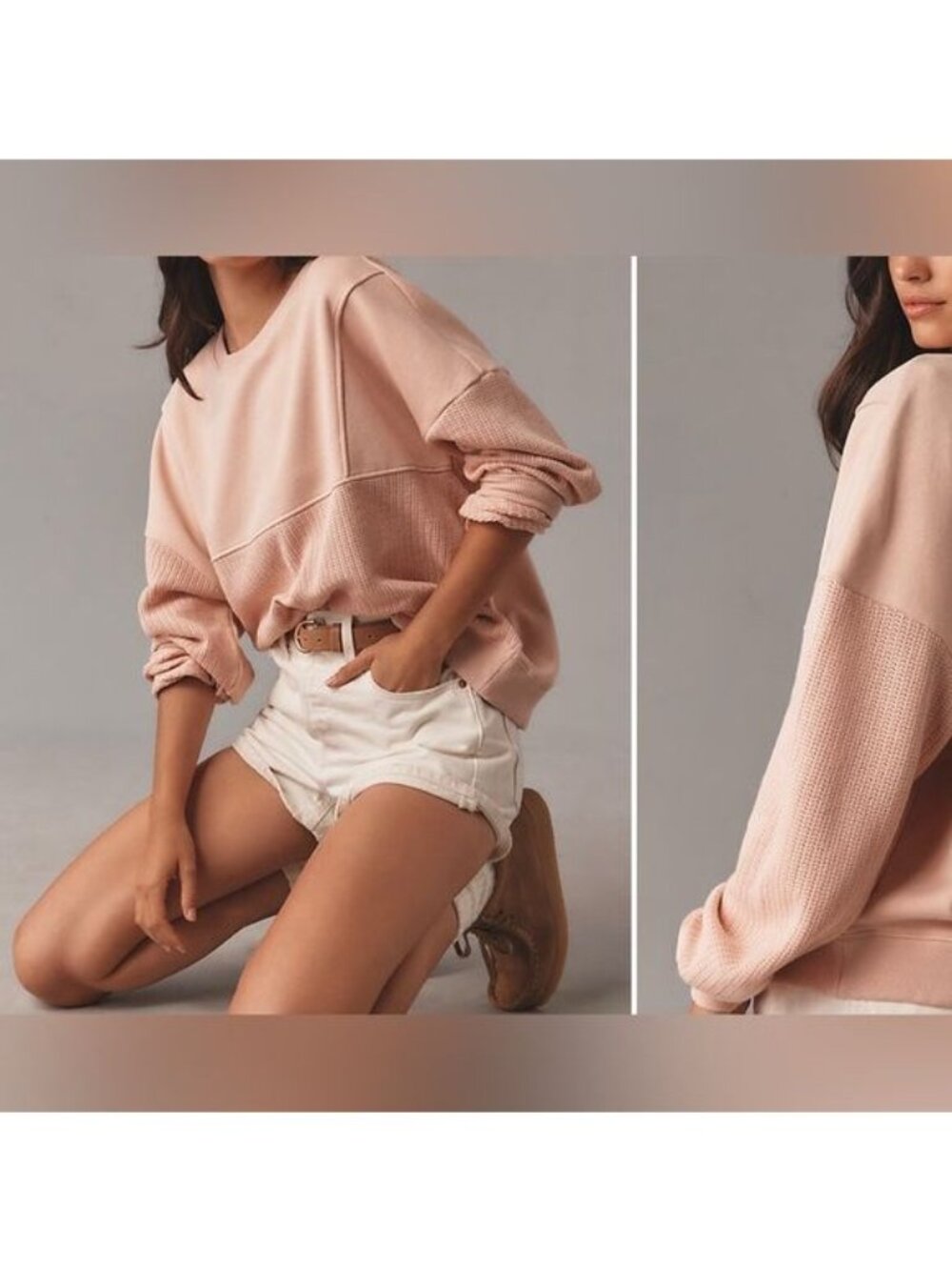 Anthropologie Pilcro Pink Mixed Rib Knit Sweatshirt XS Cotton Blend Crewneck
